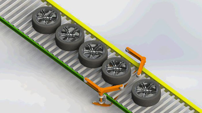 Singulation of tires on conveyor